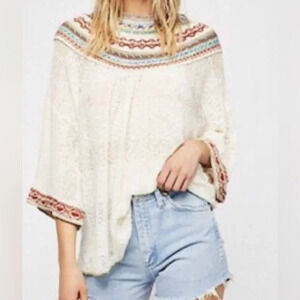Free People Womens Boho Chic Embroidered Southwestern White Poncho Style Top Sm